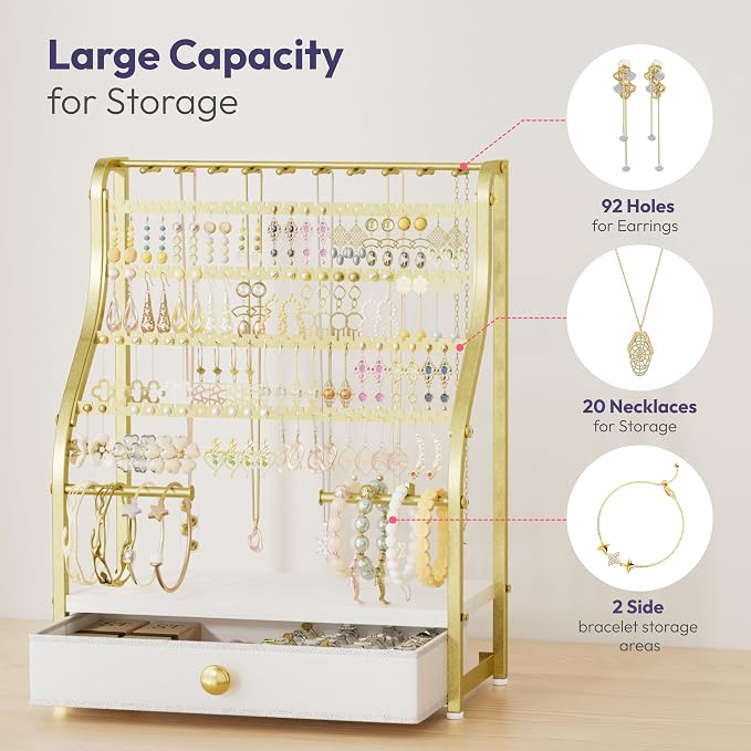 SWTYMIKI Earring Holder Organizer - Jewelry Organizer Stand with Necklace Hooks, Watch Rods, Nonwoven Drawer, Large Capacity Jewelry Display for Stud Earring Bracelet Necklace Ring, Gold