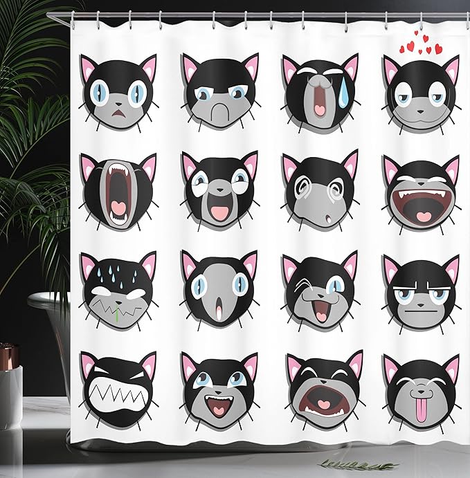 Ambesonne Cat Shower Curtain, Group of Kitten Faces Bored Angry Confused Depression Shouting Emotions, Cloth Fabric Bathroom Decor Set with Hooks, 69" W x 70" L, White Black