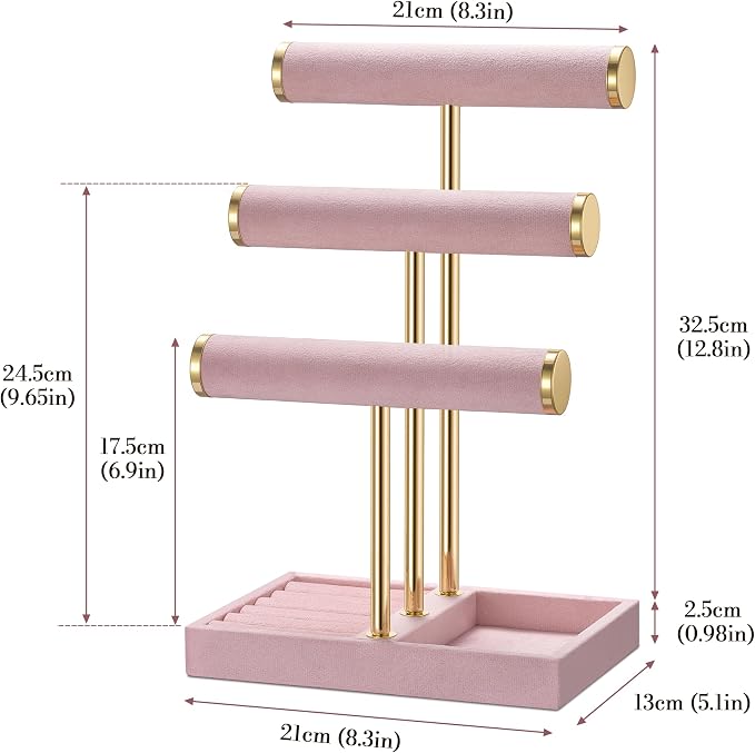 Jewelry Organizer Stand Display, 3 Tier Velvet Bracelet Holder, Pink | Jewelry Organizers and Storage | Jewelry Tree | Jewelry Towers for Necklaces, Bracelets, Earrings, Rings