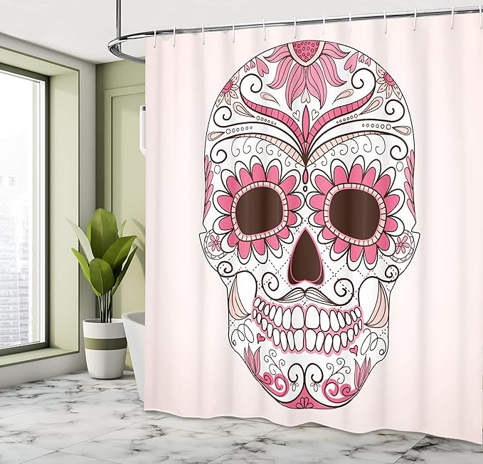 Ambesonne Skull Shower Curtain, Day of The Dead Girly Colors Skull with Floral Ornamental Design Symbolic Artwork, Cloth Fabric Bathroom Decor Set with Hooks, 69" W x 84" L, Pink Brown