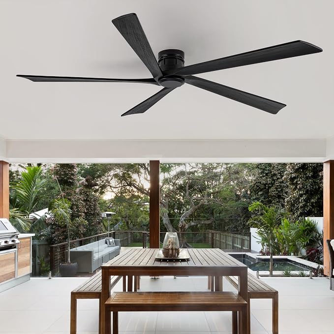 EKIZNSN 84 Inch Outdoor Low Profile Flush Mount Ceiling Fans without Lights for Patios, 110V Noiseless Reversible DC Motor, 6-Gear Speed (Black Finish with Black Blades)