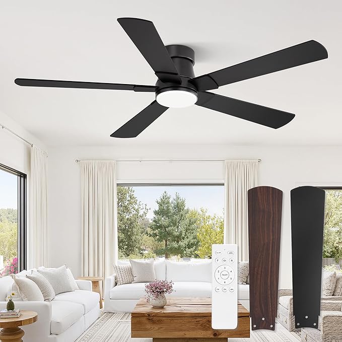 Fanbulous 52” Ceiling Fans with Lights and Remote, Flush Mount Ceiling Fan | Low Profile,Black Modern Ceiling Fan with LED Light, 5 Blades, 3CCT, 6 Speeds,Timer,Bedroom, Indoor, Outdoor,Living room