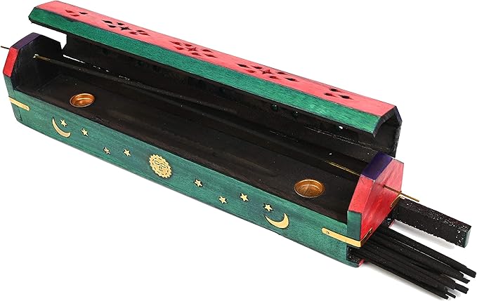 Incense Garden Pack of 2 Incense Stick Holder - Coffin Style - Wood Incense Stick Burner with Sun Moon Star Inlays Handmade with Brass Inlays (Multicolor)