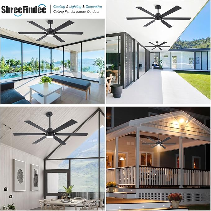 66 Inch Outdoor Ceiling Fans for Patios with Lights Damp Rated, Large Modern Black Ceiling Fans with 6 Blades, High CFM Quiet Reversible DC Motor, for Indoor Living Room Commercial Exterior Gazebo