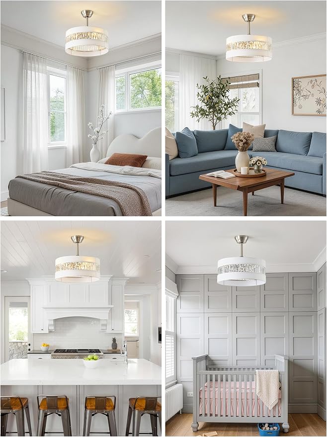 Silver and White Crystal Fandelier Ceiling Fans with Lights, 20" Farmhouse Rustic Ceiling Fan with Light Remote Control, Caged Mid-Century with 6 Speeds for Bedroom, Nursery, Living Room