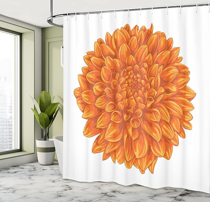 Ambesonne Dahlia Flower Shower Curtain, Funk Art Old Vintage Floral Leaf Love Valentine's Day Special Celebration Theme, Cloth Fabric Bathroom Decor Set with Hooks, 69" W x 70" L, Apricot Orange