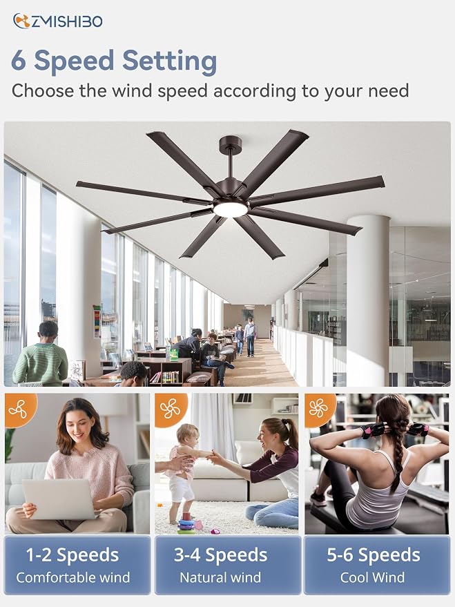 72" Industrial Ceiling Fans with Lights, Large Ceiling Fan with 3CCT, 8 Reverisble Aluminum Blades, Quiet DC Motor, 6-Speed Remote, Indoor/Outdoor Ceiling Fans for Patios/Garage/Porch, Oil bronze