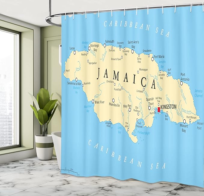 Ambesonne Jamaican Shower Curtain, Map of Jamaica Kingston Caribbean Sea Important Locations in Country, Cloth Fabric Bathroom Decor Set with Hooks, 69" W x 70" L, Pale Blue Beige Black