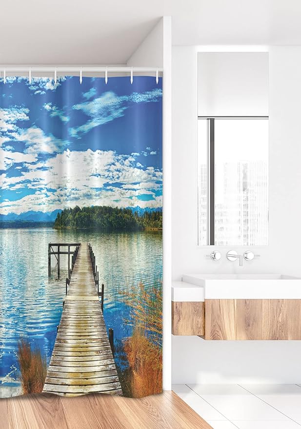 Ambesonne Beach Stall Shower Curtain, Countryside with Lake Trees Pier Cloudy Summer Sky Water Reflection Rural, Fabric Bathroom Decor Set with Hooks, 36" W x 72" L, Green Orange