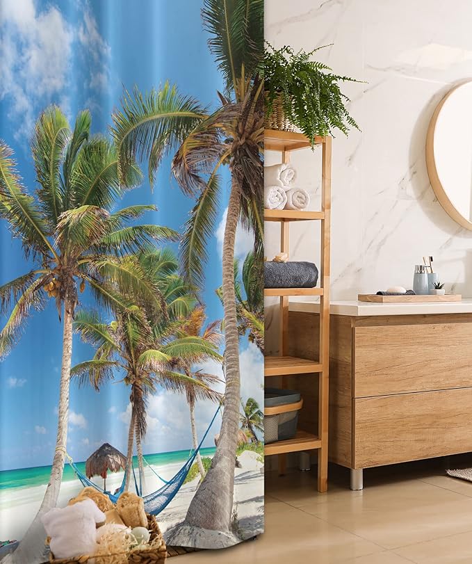 Ambesonne Beach Stall Shower Curtain, Hammock Palm Trees and Sand Sunny Beach Scenery Vacation Image, Fabric Bathroom Decor Set with Hooks, 36" W x 72" L, Coconut Green
