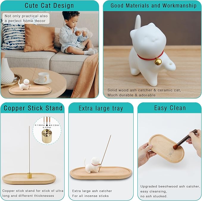 Cute Ceramic Cat Incense Stick Holder, Incense Burner Set, Large Beechwood Ash Catcher Copper Incense Stand Incense Sticks Brush, Meditation Yoga Massage Work Read Home Decor (A, A-White)