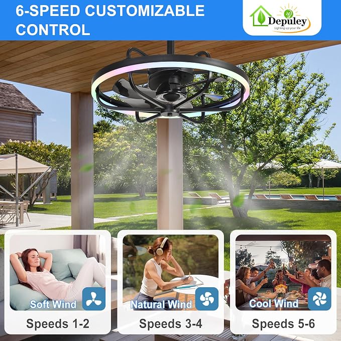 Depuley 20" Outdoor Ceiling Fan with Light: RGB Waterproof Gazebo Hanging Fan with Remote App Control - Dimmable Plug in Caged outdoor Ceiling Fans for patios Porch 6 Speeds