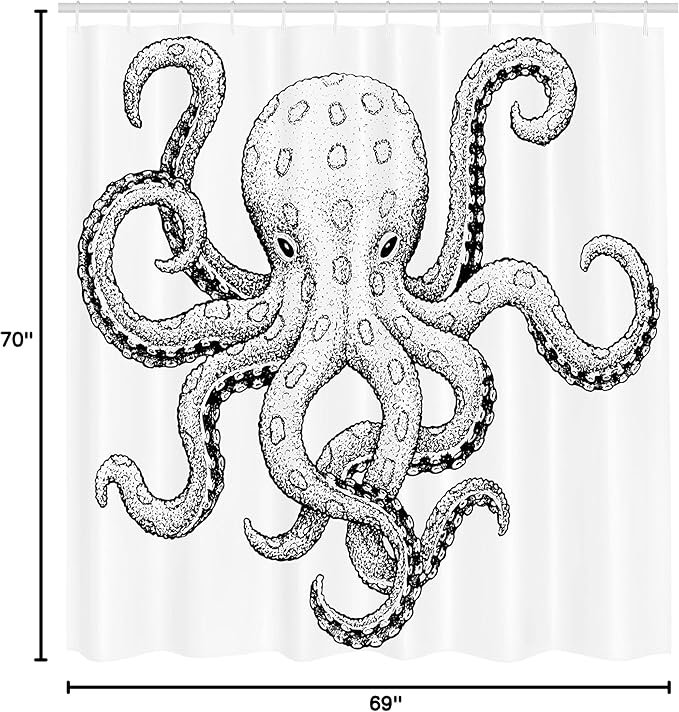Ambesonne Octopus Shower Curtain, Sketch Style Print of Deadly Blue Ringed Octopus Camouflage Marine Animal Aquatic, Cloth Fabric Bathroom Decor Set with Hooks, 69" W x 70" L, Black Ecru