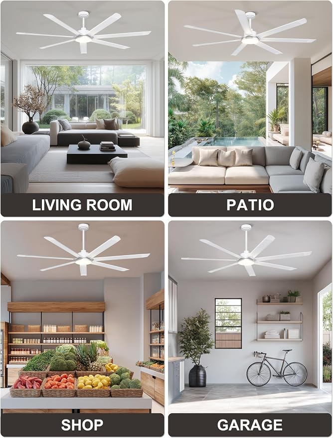 Ohniyou 72'' Industrial Ceiling Fan with Light for Patio, Garage, White | 8000 CFM Airflow, 35dB DC Motor, 7 Aluminum Blades, 3CCT Dimming, Remote/APP Control, Covered Outdoor Metal Fan