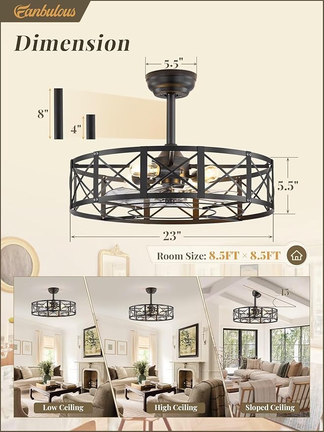 Fanbulous 23 Inch Fandelier Caged Ceiling Fans with Lights and Remote, Black Bladeless Ceiling Fan with 6 Speeds and Timing, Farmhouse Samll Fan Lights Ceiling Fixtures for Kitchen, Bedroom-Black