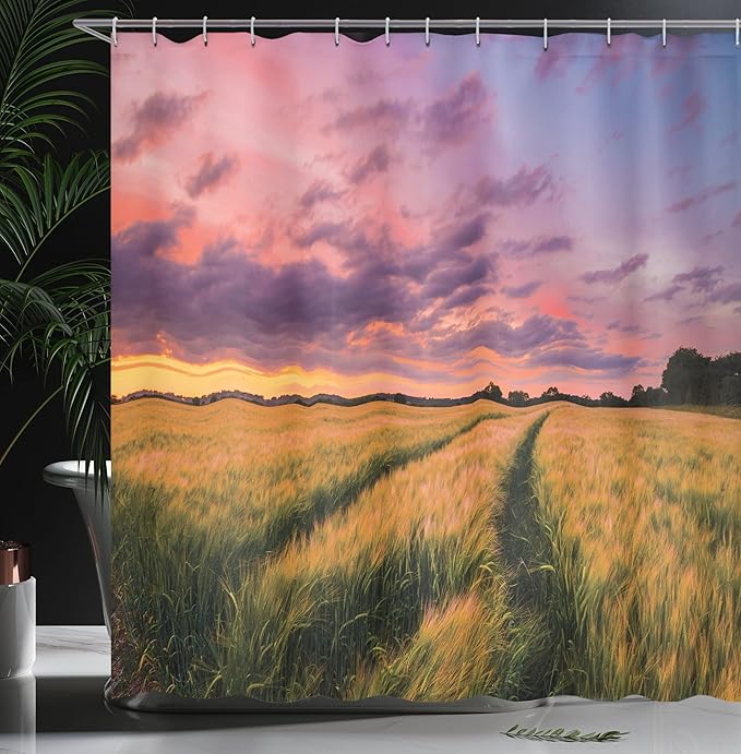 Ambesonne Rustic Shower Curtain, Flowing Crop at Sunset Morning in Nature Countryside Style Cloudscape Scene Print, Cloth Fabric Bathroom Decor Set with Hooks, 69" W x 75" L, Yellow Green