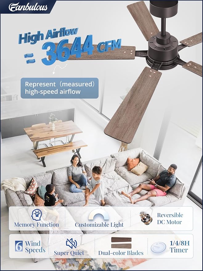 52 Inch Ceiling Fan with Light and Remote, 6 Speeds Reversible DC Motor Ceiling Fans for Bedroom Living Room Patio, 3CCT Dimmable LED, 5 Wood Blades, Downrod Mount, Sloped Ceiling Compatible