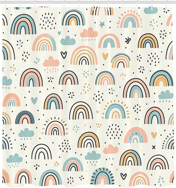 Ambesonne Rainbow Shower Curtain, Funny Scandi Art Cloud and Curving Lines Colorful Joy Happy Atmosphere, Cloth Fabric Bathroom Decor Set with Hooks, 69" W x 75" L, Ivory Blush Soft Blue