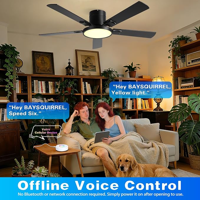 Ceiling Fan with Lights, Smart Flush Mount Ceiling Fan with Remote/APP/Offline Voice Control, 6 Speeds Reversible, 3-Color Dimmable LED,Modern Low Profile Ceiling Fan for Bedroom Living Room 52"