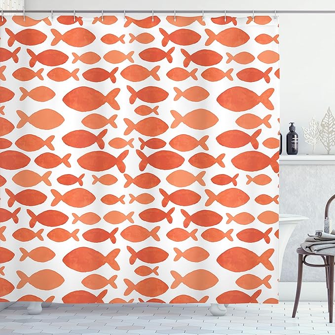 Ambesonne Fish Shower Curtain, Sea Animal in Watercolors Brushstrokes Theme Illustration, Cloth Fabric Bathroom Decor Set with Hooks, 69" W x 70" L, Dark Salmon