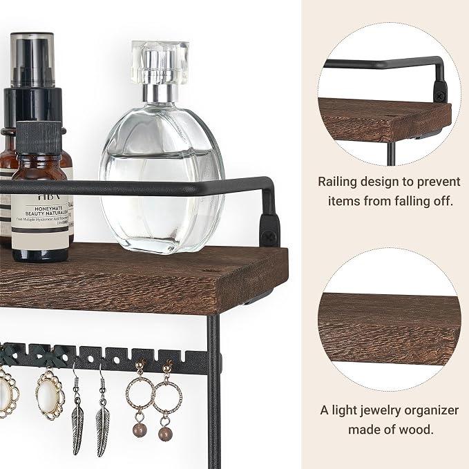 Mkono Hanging Jewelry Organizer Wall Mounted Jewelry Organizer Necklace Holder with Rustic Wood Shelf, Ring Display Box, Ear Studs Earring Holder Bracelet Organizer (Brown)
