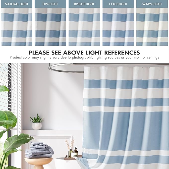 Madison Park Shower Curtain, Waffle Weave, Pieced Design Fabric Shower Curtain with 3M Scotchgard Moisture Management, Premium Spa Quality Modern Shower Curtains for Bathroom, Wide 108"x72" Blue