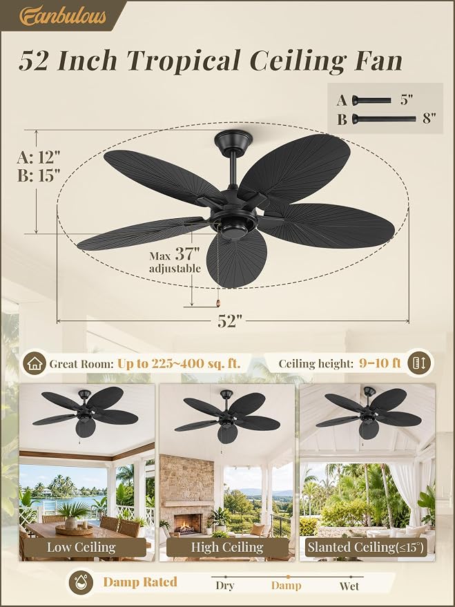 Fanbulous 52 Inch Ceiling Fan No Light, Remote & Pull Chain Tropical Fan With 6 Speeds, 3 Timers, DC Quiet Motor, 5 Palm Blade for Bedroom Living Room Covered Outdoor Patio Porch, Damp Rated, Black