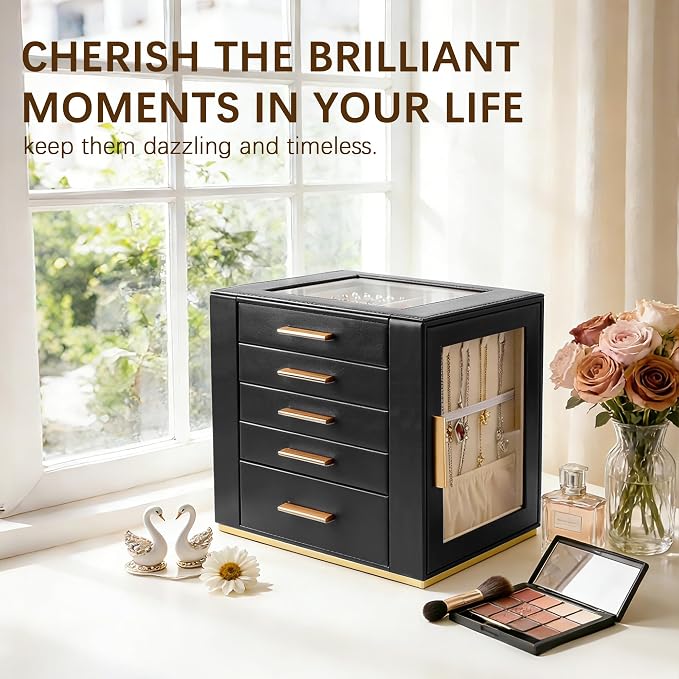 Homeanda Jewelry Box for Women with Glass Lid, 5 Drawers Jewelry Organizer and Storage for Necklaces, Rings, Earrings, Bracelets, Gift for Girls and Teens,PU Leather (Black)