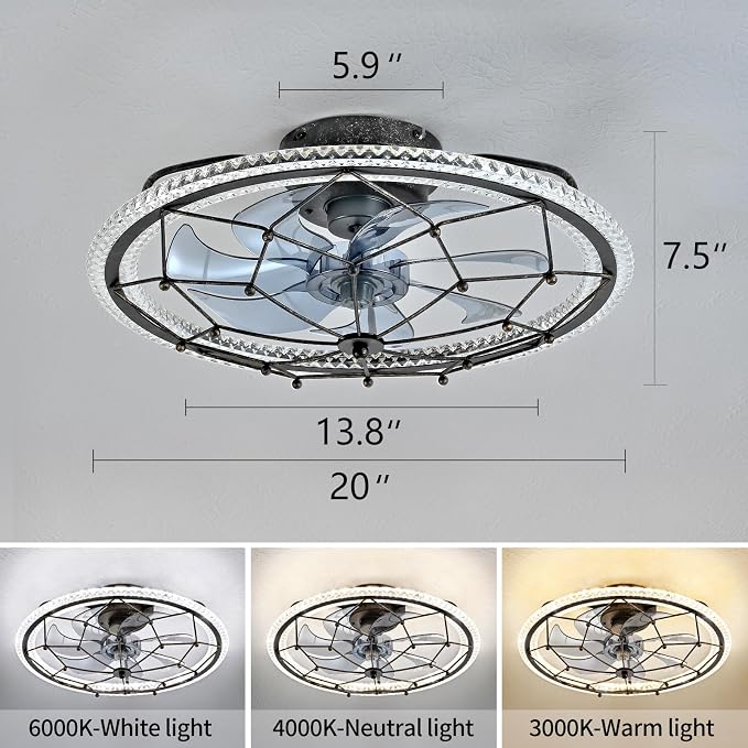 Dalouguan Rustic Black Ceiling Fan with Light, Farmhouse Chemistry Molecular Model Caged Ceiling Fan with Remote, LED Low Profile Ceiling Light for Bedroom Kitchen Living Room