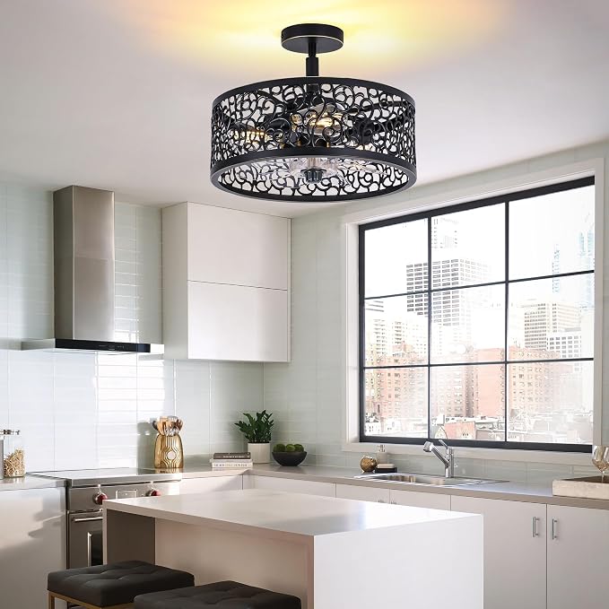 COCOSTAR Farmhouse Chandelier Ceiling Fans with Light:Caged Black Fandelier | Semi Flush Mount,Remote/APP,Sloped Ceiling,15" Rustic Fan with Small Light Fixtures for Living Dining Kitchen Bedroom Foyer
