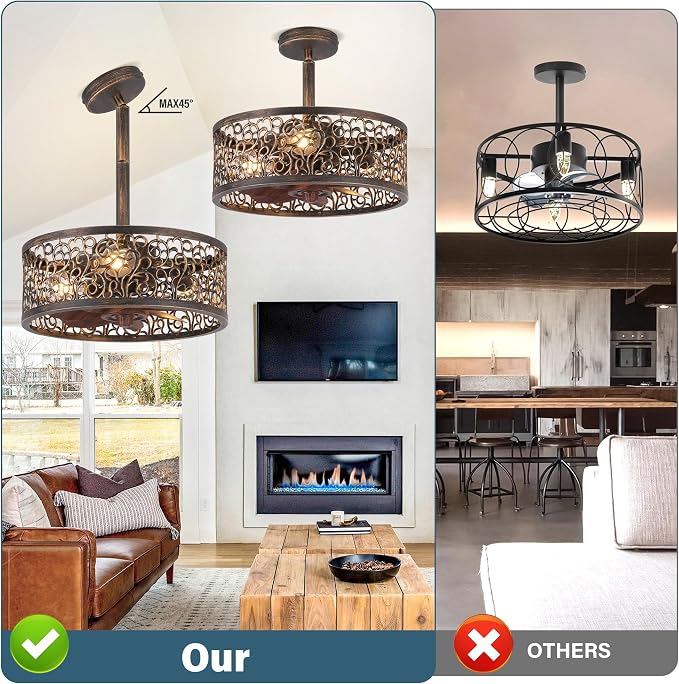 COCOSTAR Vintage Chandelier Ceiling Fan with Light: Bronze Caged Fandelier | Smart Remote/APP,Enclosed,Sloped Ceiling,15" Rustic Fan with Small Ceiling Fixtures for Kitchen Bedroom Living Dining Room