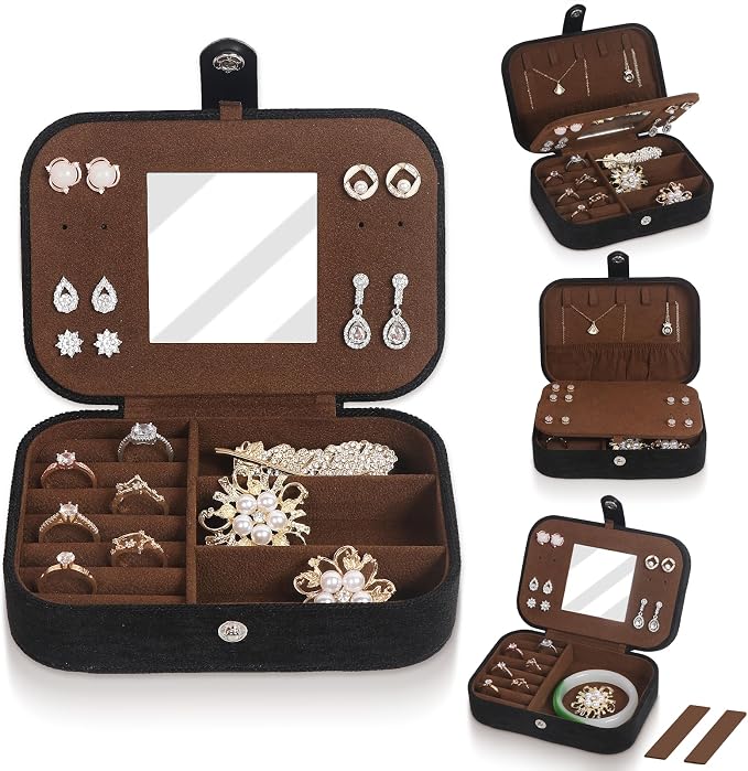 Hatori Travel Jewelry Box, PU Leather Small Jewelry Organizer for Women Girls, Double Layer Portable Mini Travel Case Display Storage Holder Boxes for Stud Earrings, Rings (Black Mirror)