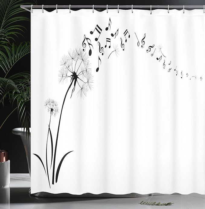 Ambesonne Music Lover Shower Curtain, Flying Dandelions with Notes Summer Spring Meadow Simple, Cloth Fabric for Bath Home and House Luxury Hotel Series Set with Hooks, 69" W x 70" L, Black and White