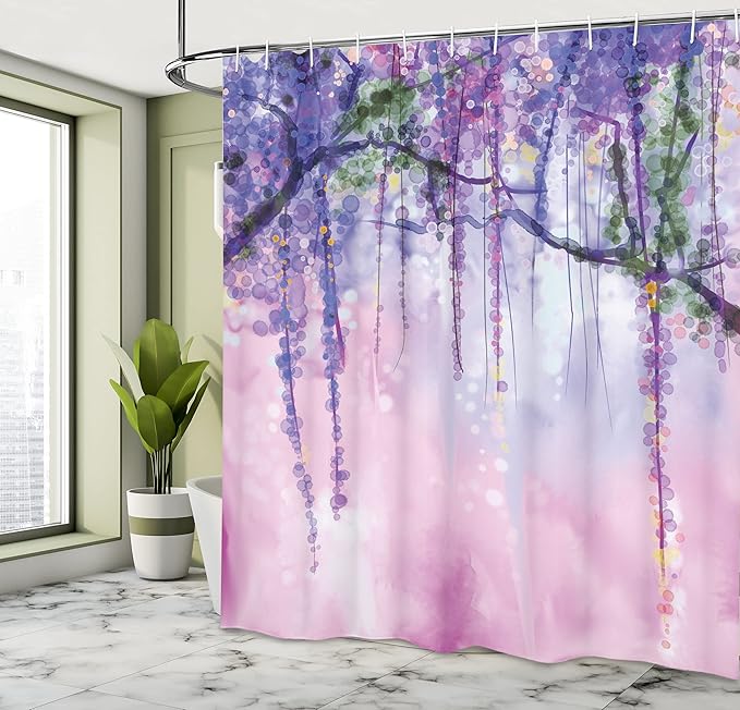 Ambesonne Watercolor Flower Shower Curtain, Wisteria Flowers on Blurred Background with Dreamy Colors, Cloth Fabric Bathroom Decor Set with Hooks, 69" W x 70" L, Pink Purple