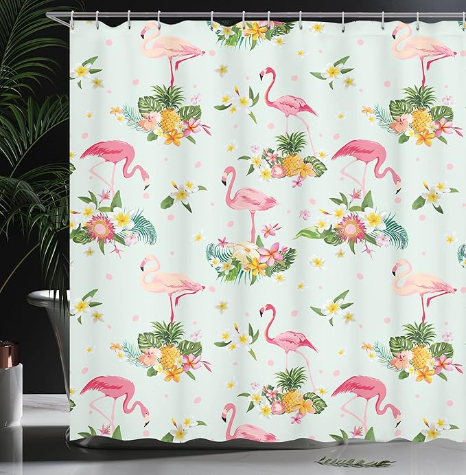 Ambesonne Flamingo Shower Curtain, Flamingo Bird Tropical Flowers Fruits Pineapples Vintage Style Artwork, Cloth Fabric Bathroom Decor Set with Hooks, 69" W x 84" L, Yellow Pink