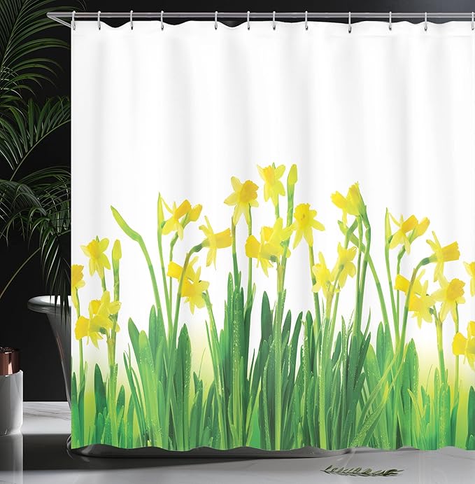 Ambesonne Daffodils Shower Curtain, Narcissus and Daffodil April Spring Flowers Field Natural Seasonal Picture Art, Cloth Fabric Bathroom Decor Set with Hooks, 69" W x 84" L, Green Yellow