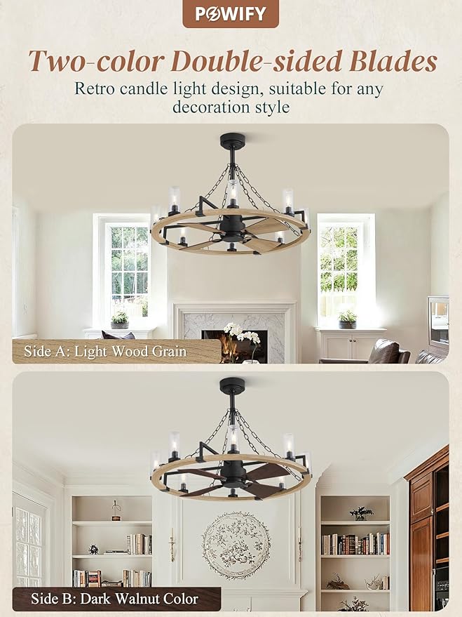 Wagon Wheel Rustic Chandelier Ceiling Fan with Light, 36 inch Farmhouse Caged Ceiling Fans, Dual Finish Blades, Wood Bladeless Fandelier Fan Lights Ceiling Fixtures for Bedroom Kitchen