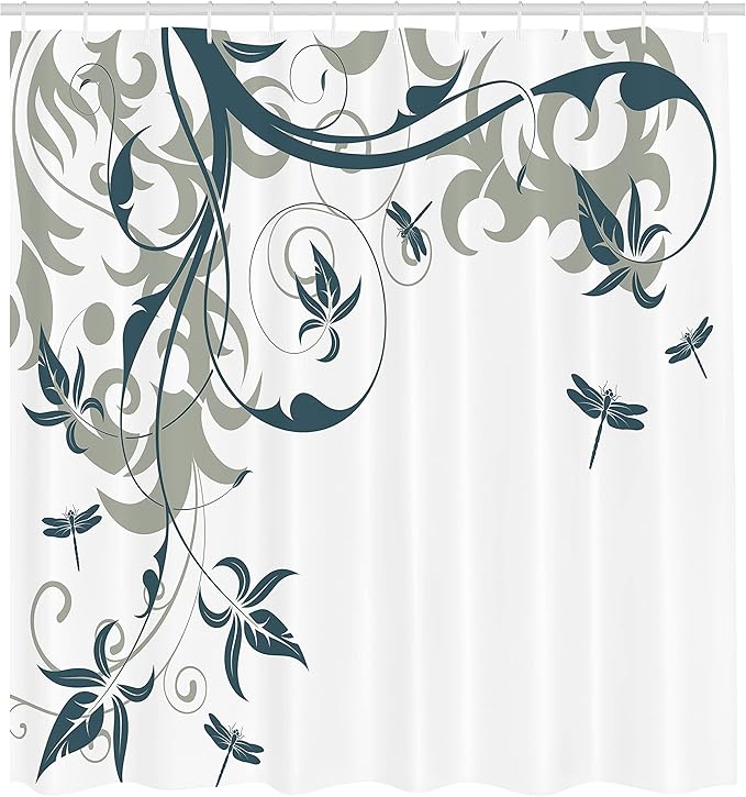 Ambesonne Dragonfly Shower Curtain, Swirled Floral Background Damask Curl Branches and Leaves Print, Cloth Fabric Bathroom Decor Set with Hooks, 69" W x 70" L, Dark Emerald