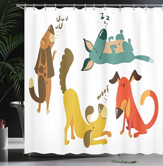 Ambesonne Dog Lover Shower Curtain, Dogs Playful Friendship Paw Sitting Sleeping Smiling Standing Humor Fun Art, Cloth Fabric Bathroom Decor Set with Hooks, 69" W x 75" L, White Teal