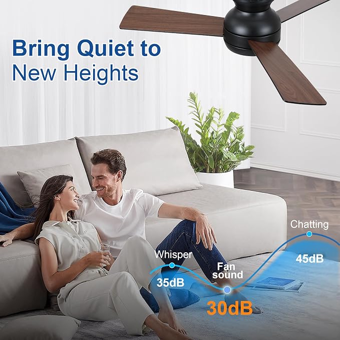 42 Inch Low Profile Ceiling Fan with Light Quiet for Bedroom, Black | Flush Mount,Remote Control,Reversible Quiet DC Motor,Wood Blade,6 Speed,3CCT Dimmable for Bedroom,Living Room