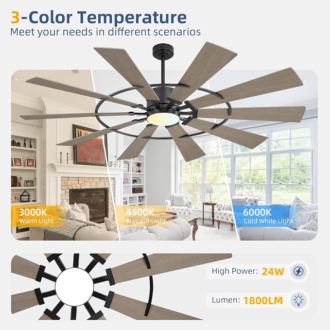 WINGBO 84" Windmill Ceiling Fan with Lights, 3 Downrod, 6-Speed Reversible DC Motor, 3CCT, 10 Blade Indoor Farmhouse DC Ceiling Fans for Kitchen Bedroom Living Room Patio, Matte Black and Grey