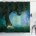 Ambesonne Forest Shower Curtain, Little Red Riding Hood Woodland at Night Flowers and Stars Image Print, Cloth Fabric Bathroom Decor Set with Hooks, 69" W x 75" L, Multicolor Forest Green