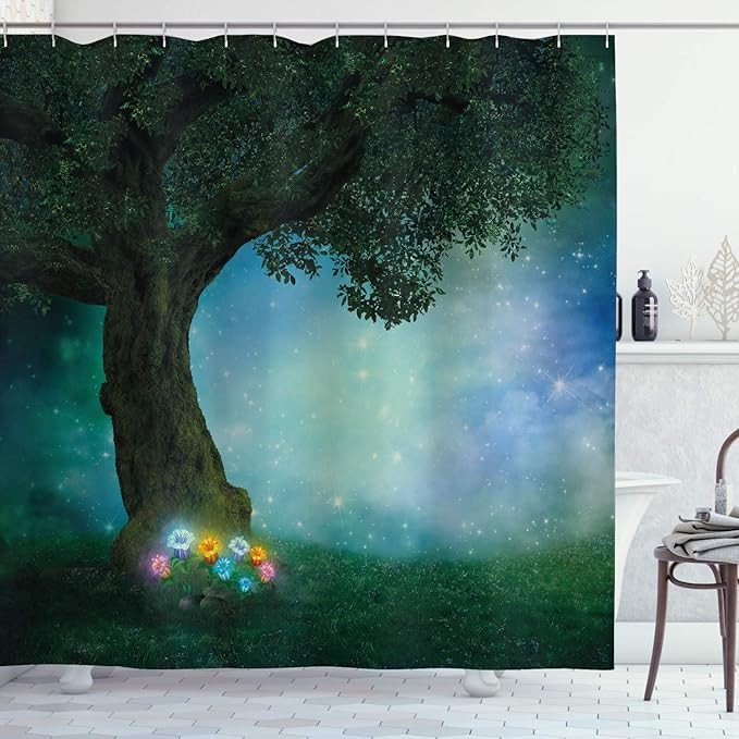 Ambesonne Forest Shower Curtain, Little Red Riding Hood Woodland at Night Flowers and Stars Image Print, Cloth Fabric Bathroom Decor Set with Hooks, 69" W x 84" L, Multicolor Forest Green