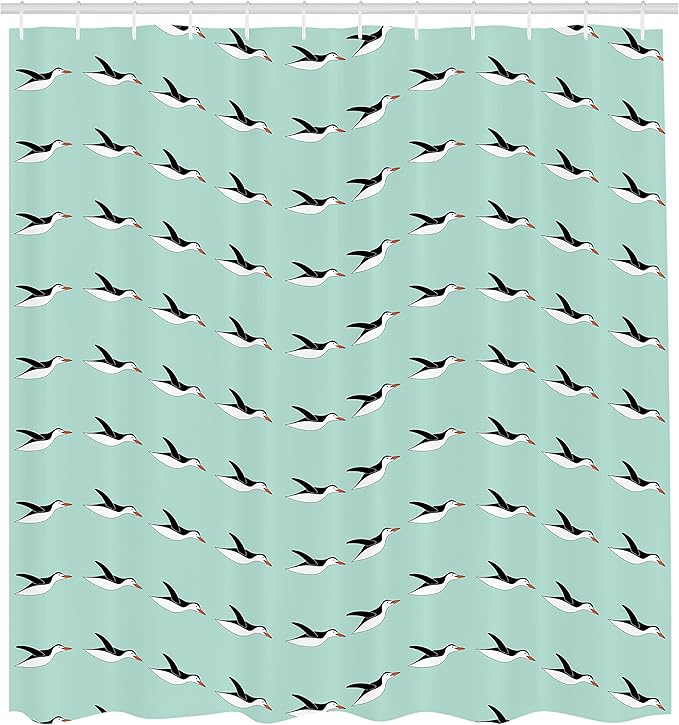 Ambesonne Turquoise Shower Curtain, Penguins Diving in Water Pose Cartoon Animals Repetitive Illustration, Cloth Fabric Bathroom Decor Set with Hooks, 69" W x 70" L, Mint Green and Black