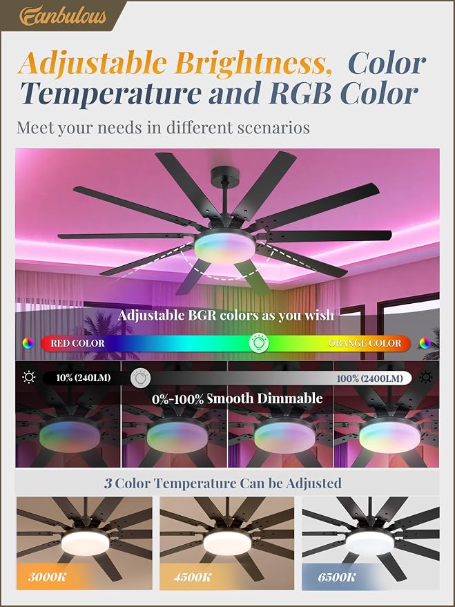 Fanbulous 65 inch RGB Ceiling Fans with Lights and Remote, Outdoor Black Ceiling Fan with 10 Blades, 32W LED light 3 CCT, 6 Speed Reversible Quiet DC Motor, Modern Ceiling Fan for Living Room Patio