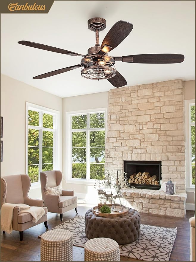 Farmhouse Ceiling Fan with Light and Remote, Industrial Caged Flush Mount Ceiling Fans with 6 Speed Reversible Motor and Dual Finish 5 Blades, for Living room, Bedroom (Black and Gold, 52Inch)