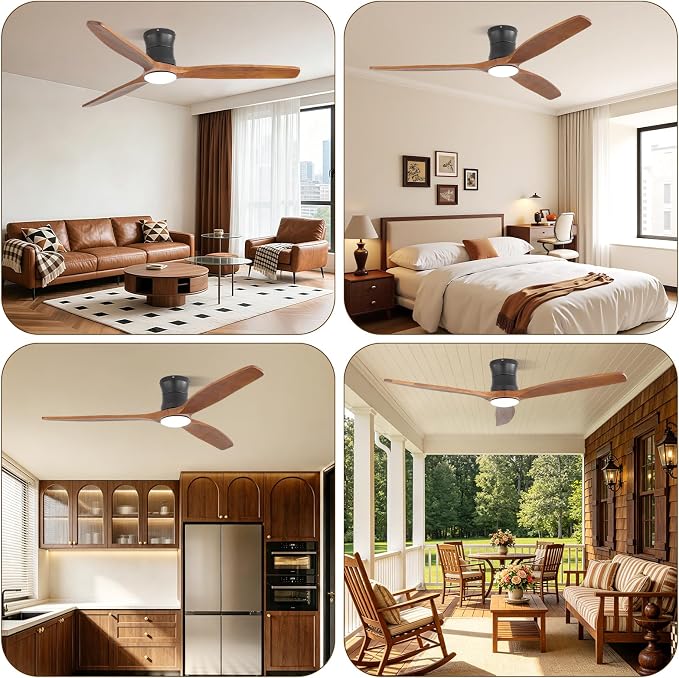 Sofucor 52 Inch Low Profile Ceiling Fan with Lights and Remote | Outdoor Modern Flush Mount, 6-Speed 3-CCT with Timer, 3 Wood Blades, For Bedroom Living Room Patios