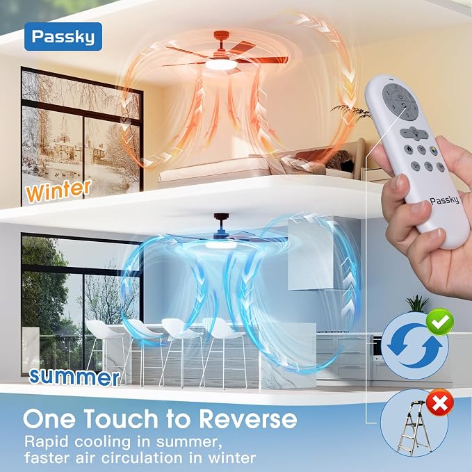 Passky Ceiling Fans with Lights, 52 inch Sleek Ceiling Fan with Light and Remote Control, 3CCT, Dimmable, Reversible, Noiseless, Brown Ceiling Fan for Bedroom, Living Room