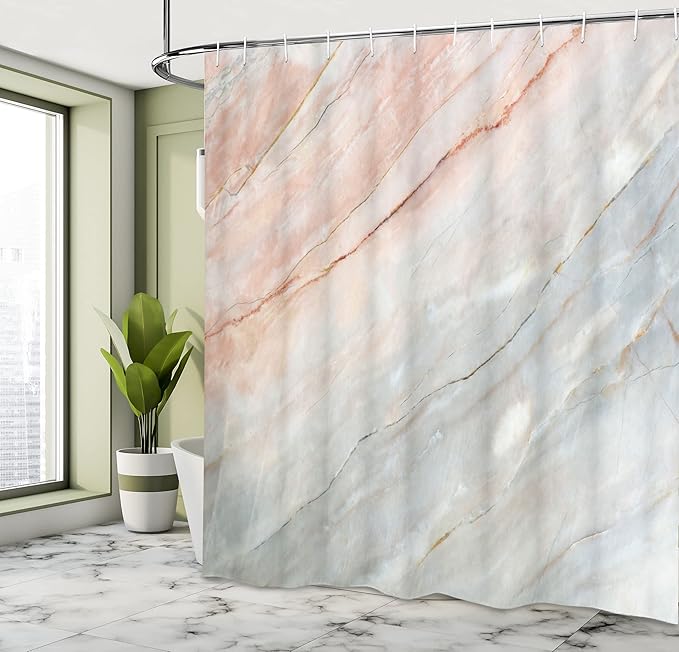 Ambesonne Marble Print Shower Curtain, Onyx Stone Textured Natural Style Featured Scratches Illustration, Cloth Fabric Bathroom Decor Set with Hooks, 69" W x 75" L, Peach Grey