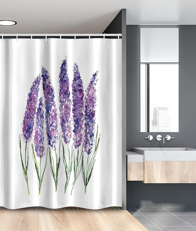 Ambesonne Watercolor Flower Stall Shower Curtain, Illustration of Lavender Flowers Fresh Colors Mint Family Plant, Fabric Bathroom Decor Set with Hooks, 54" W x 78" L, Violet White